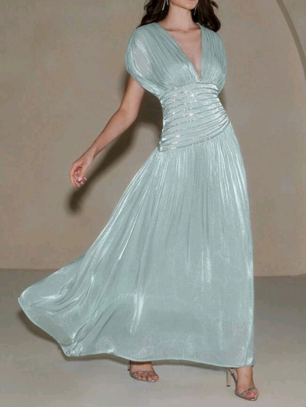New Metallic Crinkled Tie Back Rhinestone Trim Maxi Dress Blue